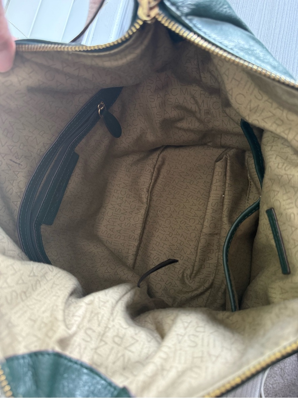 Isaac Mizrahi Dark Green Leather Messenger Bag with Brown Trim - Picture 7 of 9
